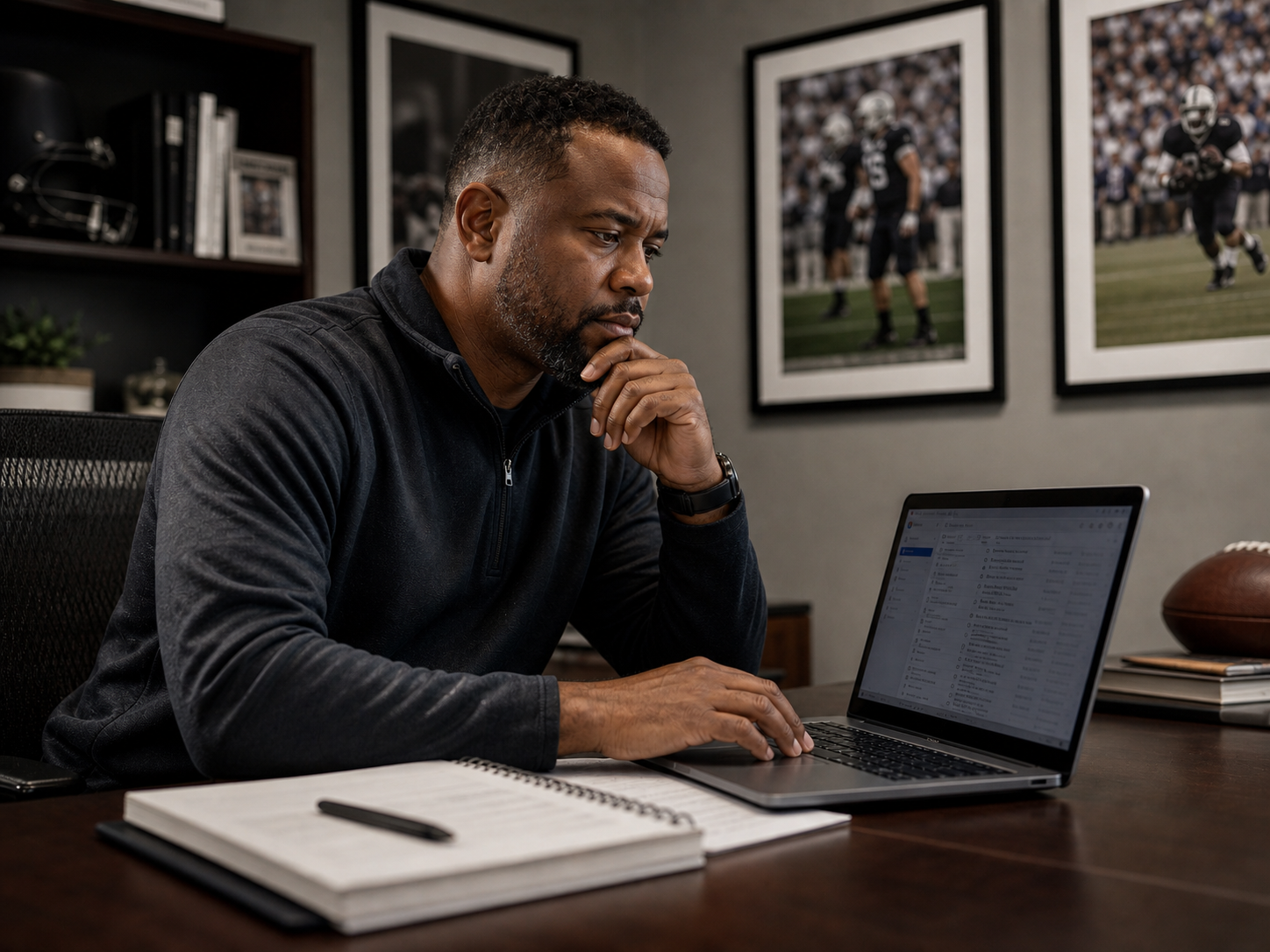 Coach reviewing recruiting emails at desk
