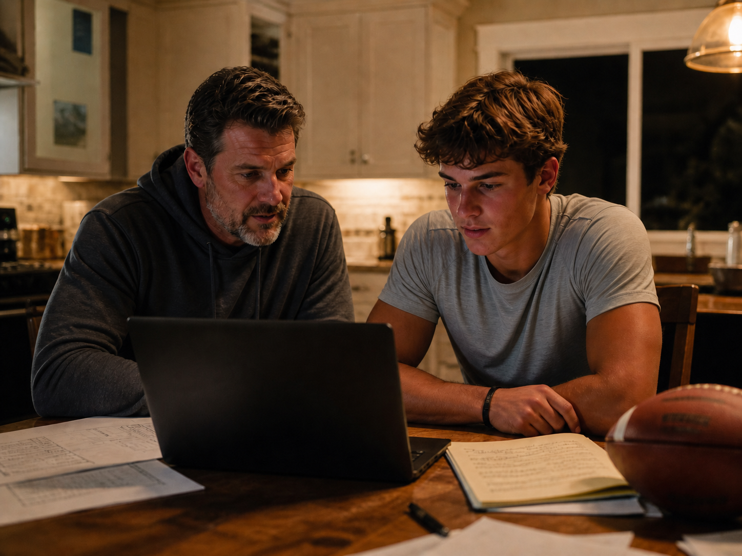 Father and son reviewing recruiting outreach together