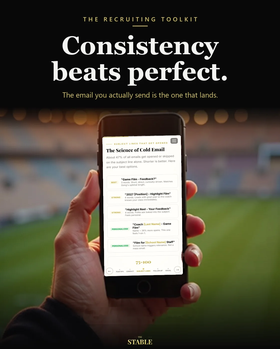 Hand holding a phone at a stadium showing the toolkit's subject line templates. Headline: Consistency beats perfect.