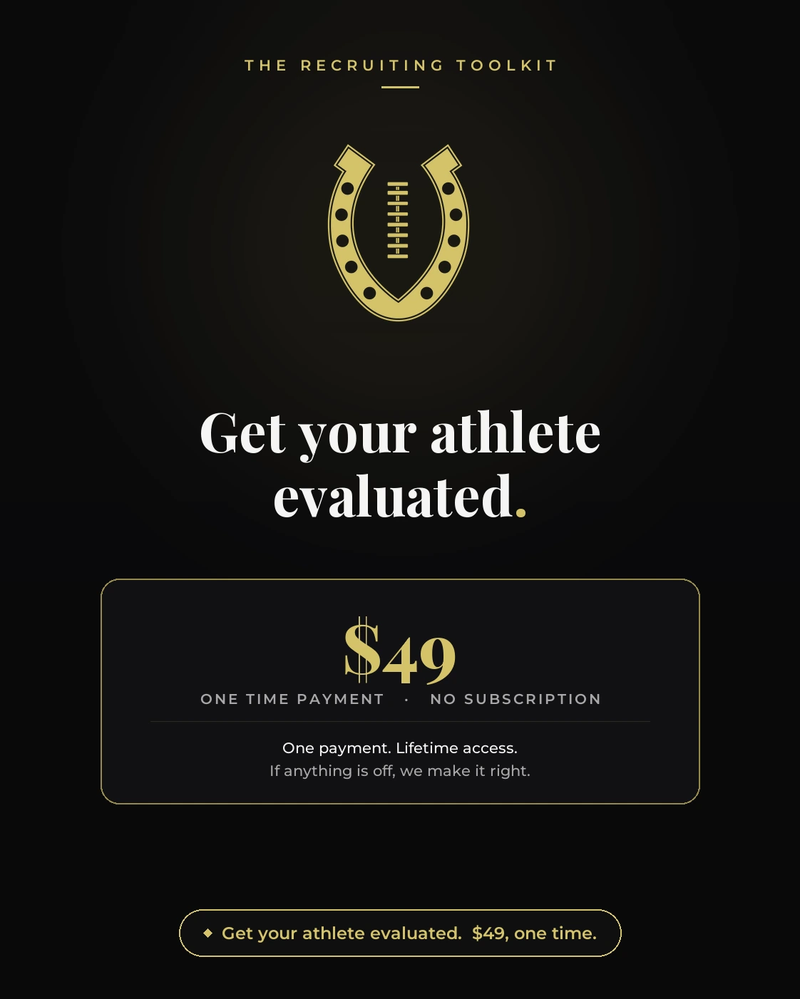 Closing card with the QB Stable horseshoe logo. Headline: Get your athlete evaluated. $49 one time payment, no subscription, lifetime access.