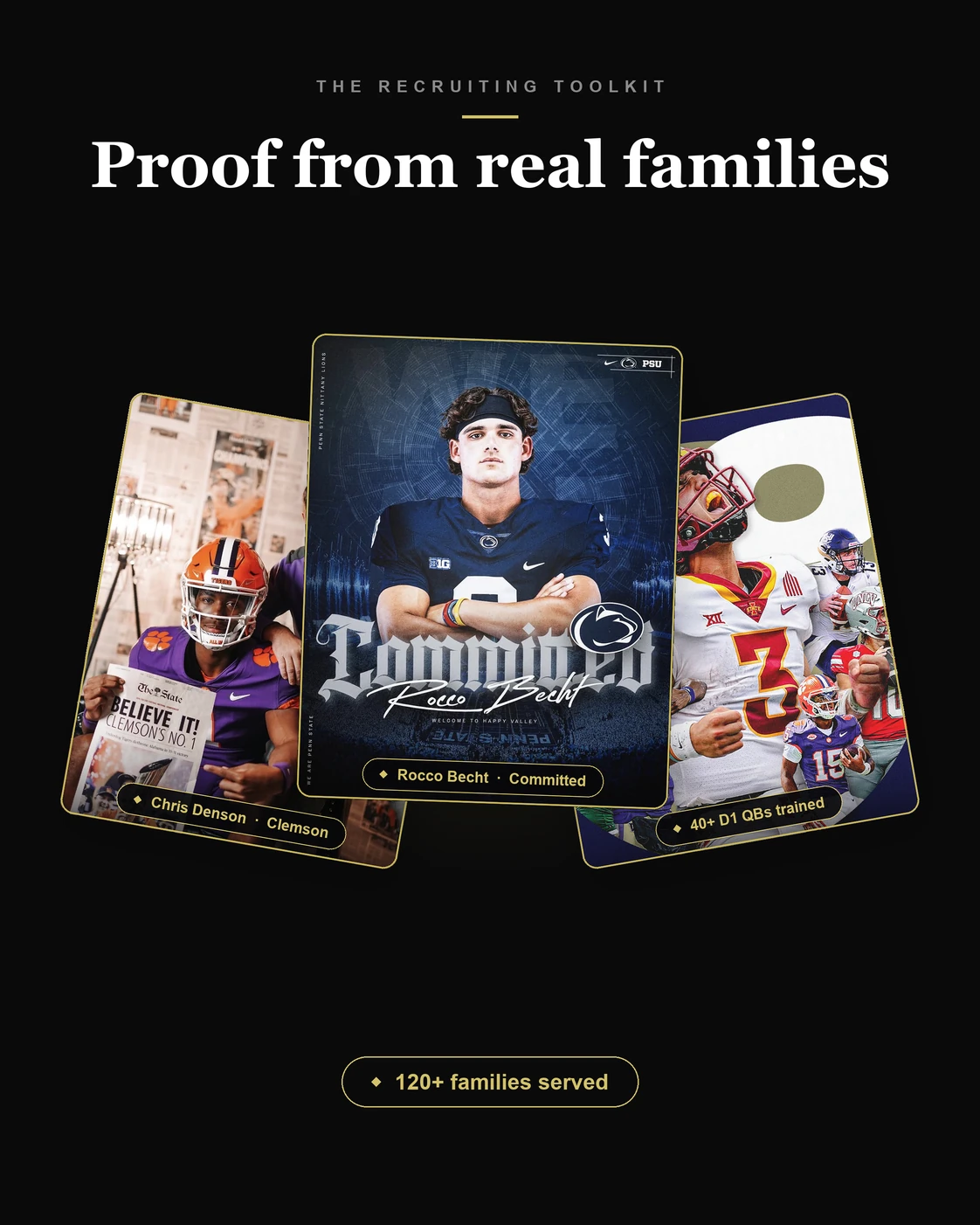 Real photo of QB Stable athletes and families, framed in the toolkit tour style. Gold callout: 120+ families served.