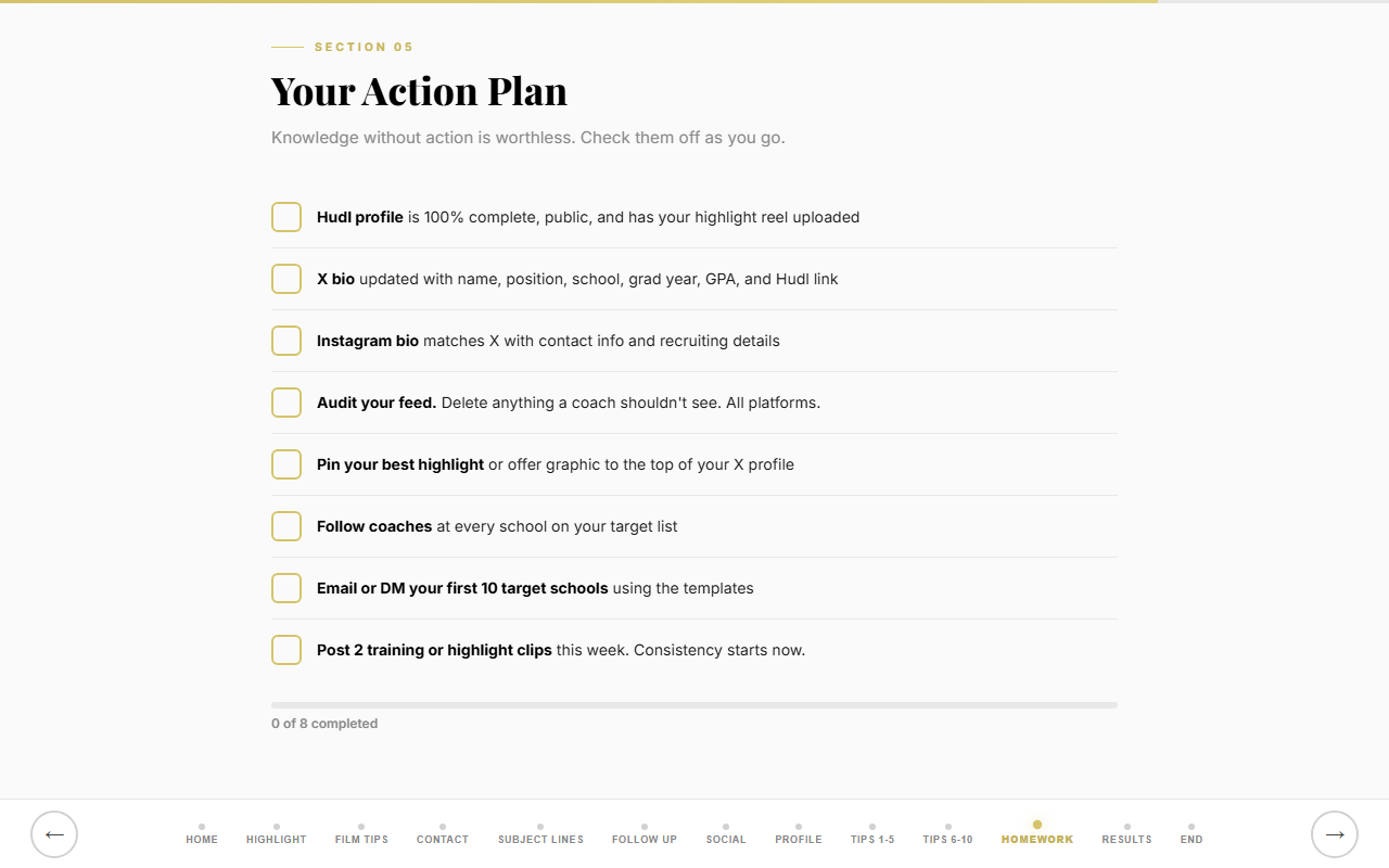 Homework checklist section of the recruiting guide